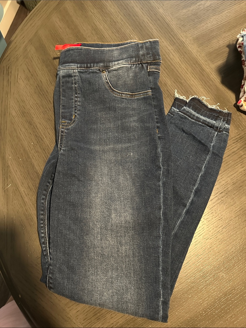 SPANX Dark Wash Skinny Jeans with Frayed Hem